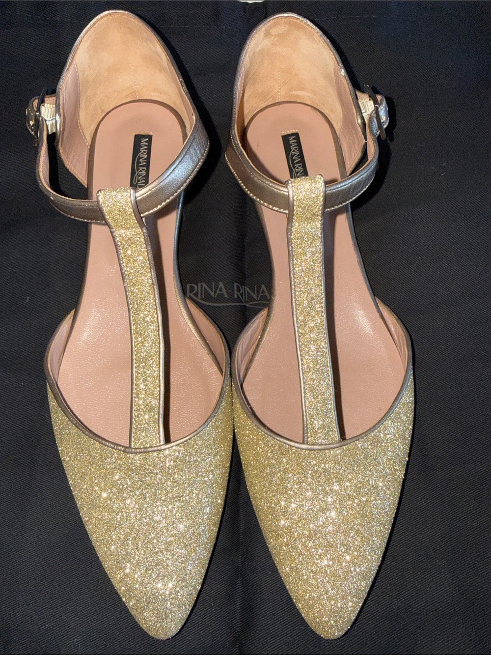 Marina Rinaldi Lia Gold Glitter T-Strap Pointed Toe Flats with Ankle Strap NWB-9